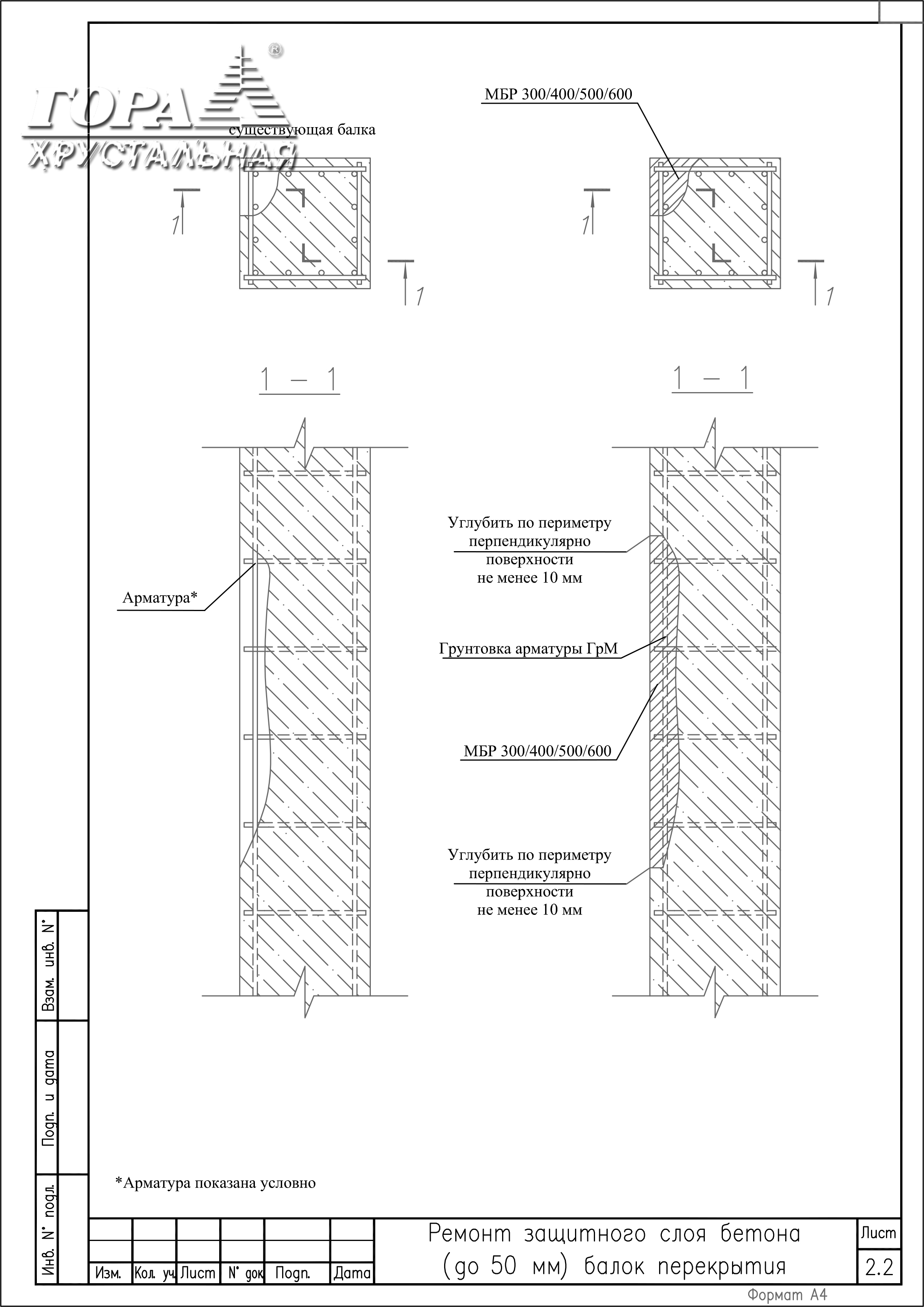Ремонт защитного слоя бетона (до 50 мм)  балок перекрытия